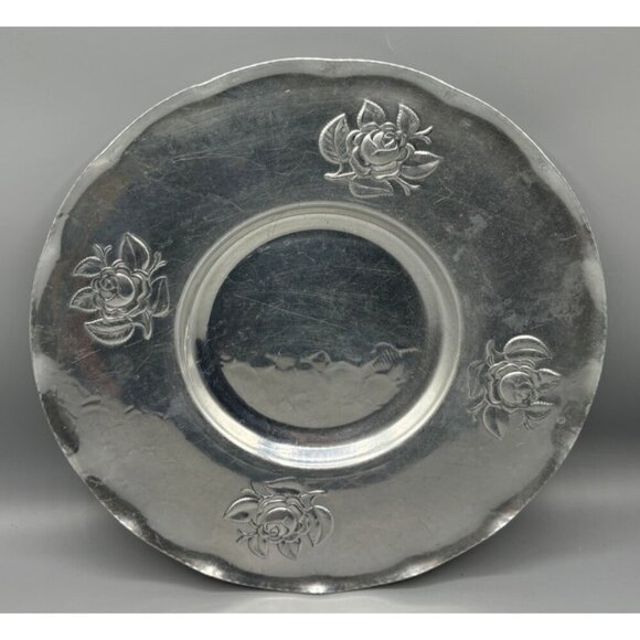 Vtg Hammered Metal Serving Plate Embossed Floral Design 12" - Picture 1 of 5